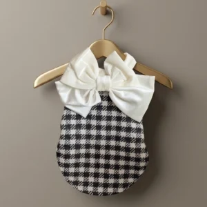 Gilet couture Monogramme Noir et Blanc avec grand nœud blanc vu de l’extérieur