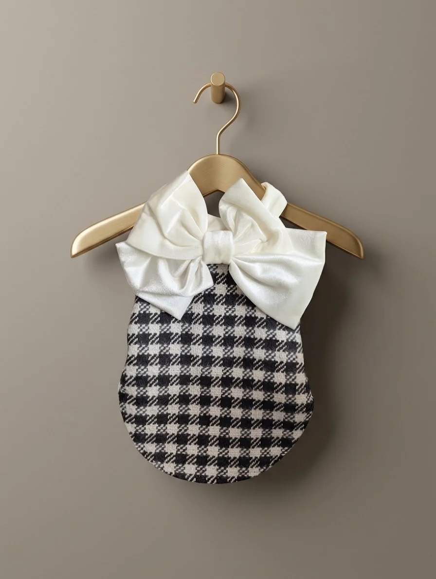 Gilet couture Monogramme Noir et Blanc avec grand nœud blanc vu de l’extérieur