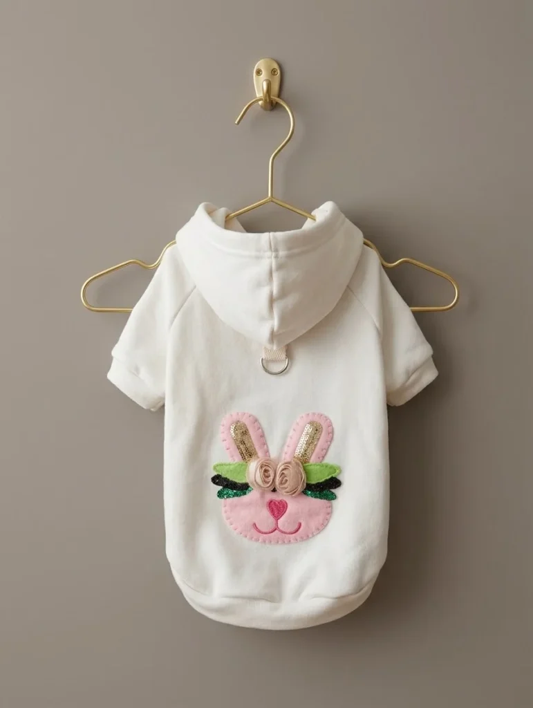 Hoodie Lapin Floral blanc pour petit chien présenté sur cintre