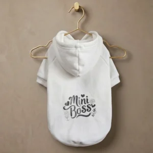Hoodie Mini Boss blanc pour petit chien vu de dos
