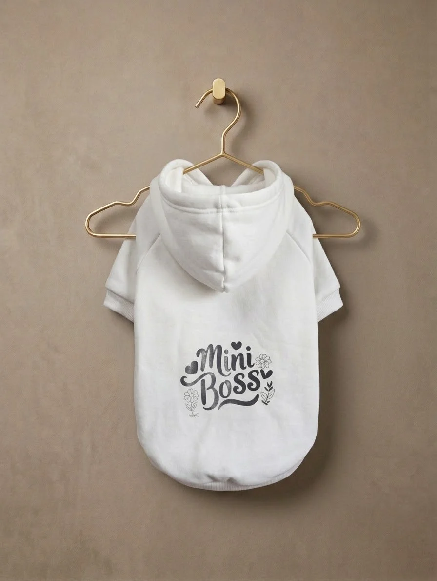 Hoodie Mini Boss blanc pour petit chien vu de dos