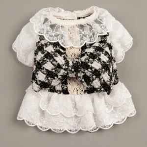 Robe de cérémonie Héritage en tweed noir et blanc avec dentelle vue de face