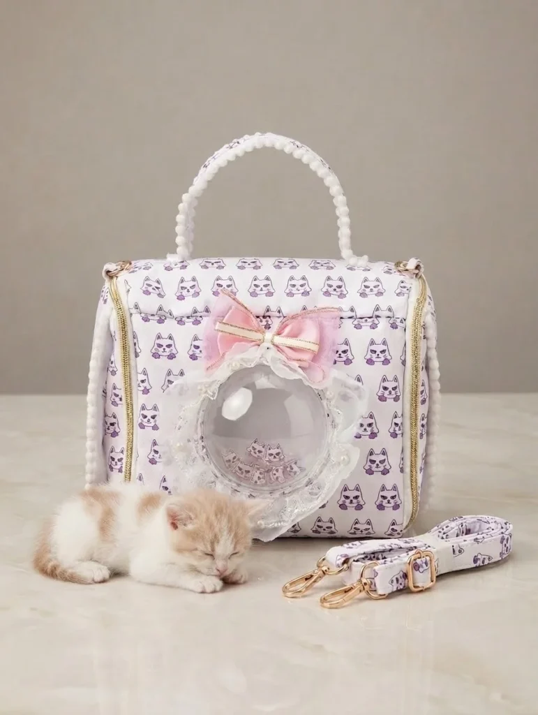 Sac de transport La Bulle de Douceur rose avec chat crème