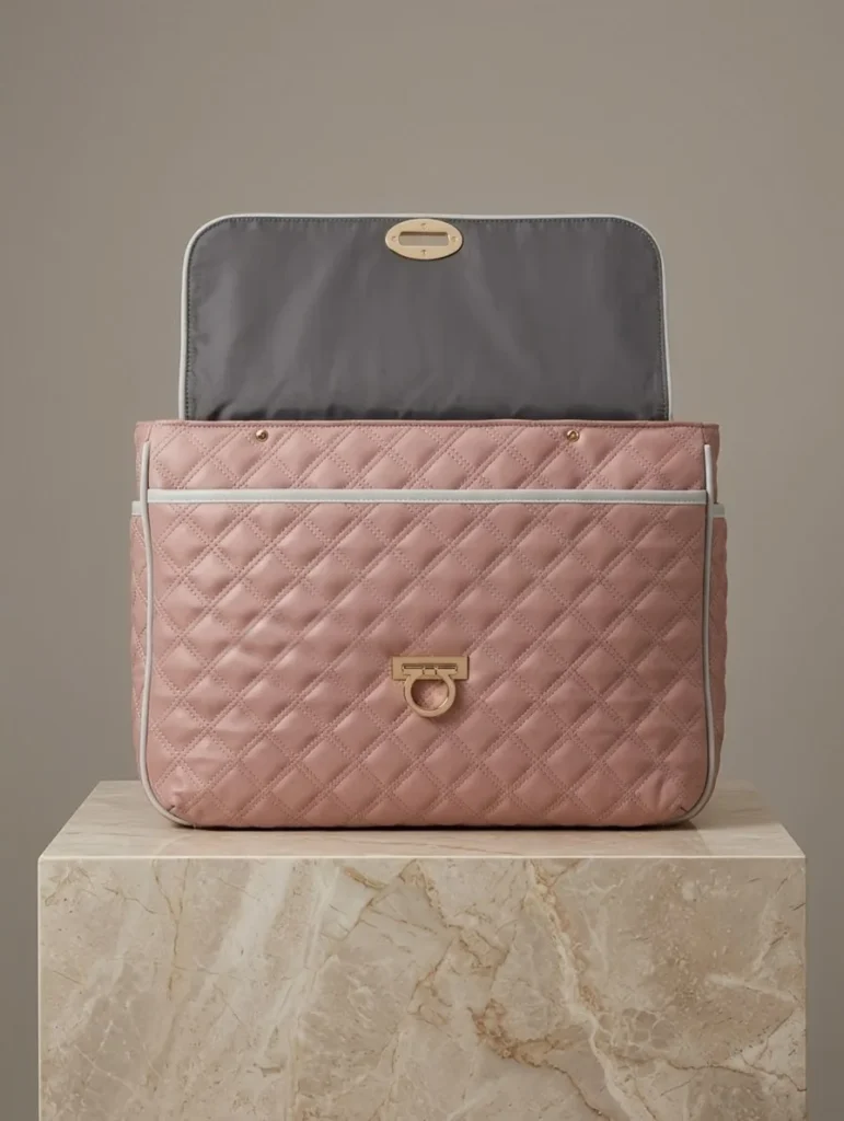 Poche frontale ouverte du sac de transport La Baronne rose matelassé