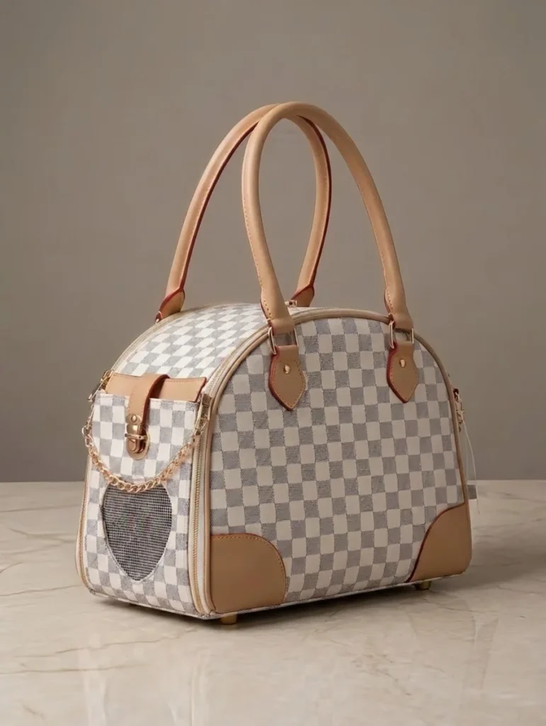 Sac de transport La Duchesse à damier blanc et gris vu de côté