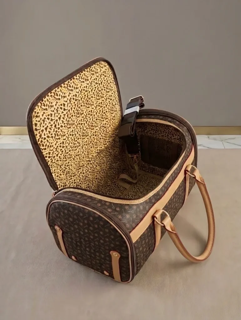 Intérieur ouvert du sac de transport Le Duc brun monogrammé