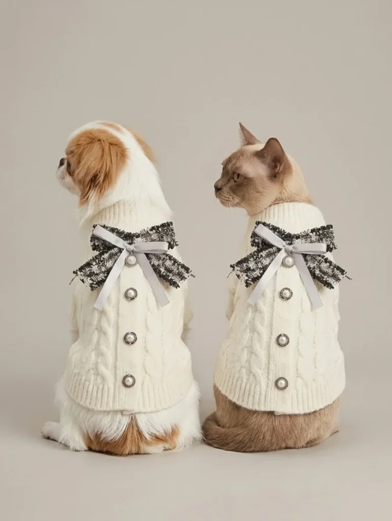 Sweater Camélia crème porté par un petit chien et un chat vu de dos