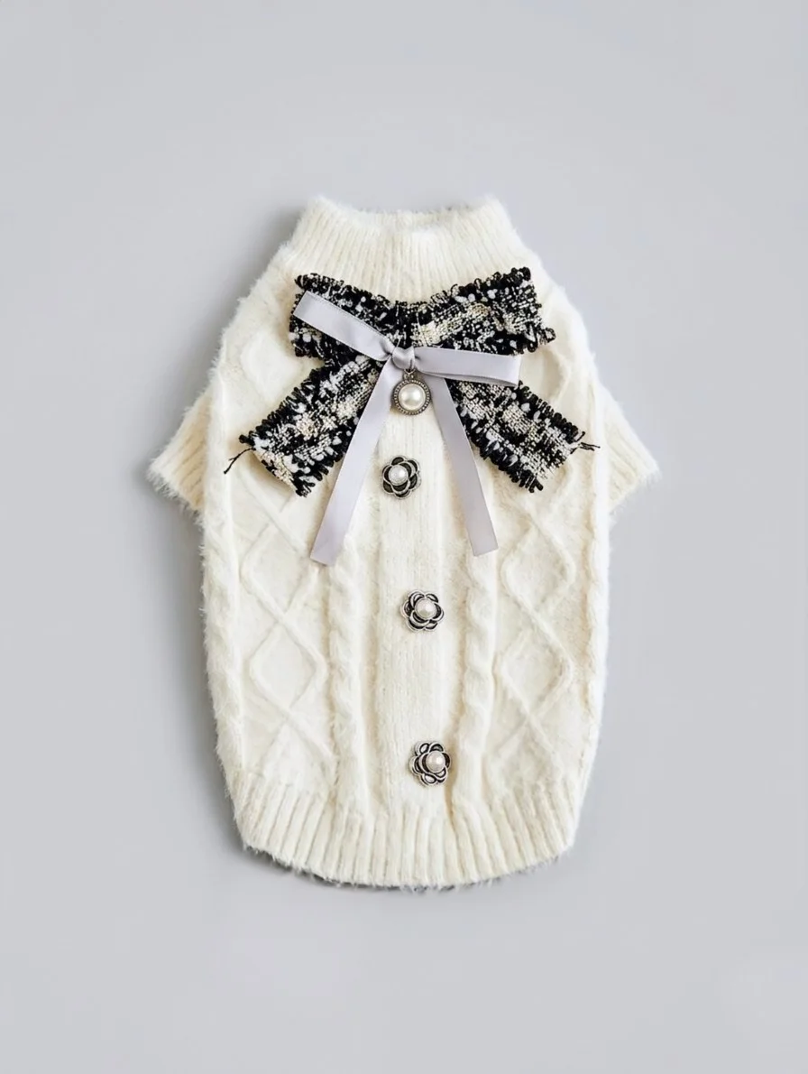 Sweater haute couture Camélia crème avec nœud en tweed et boutons bijoux vu de dos